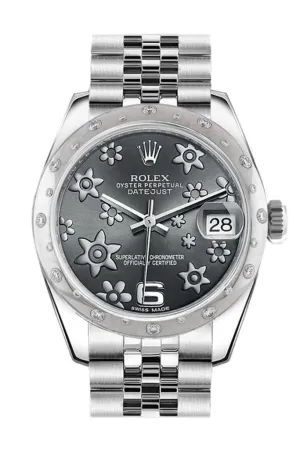 Rolex Datejust 31 Dark rhodium raised floral motif Dial Gold Dome set with Diamonds Bezel Jubilee Ladies Watch 178344 Pre-owned