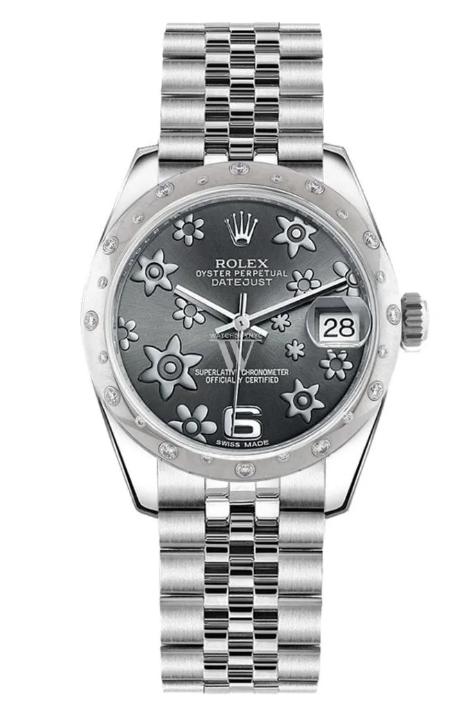 Rolex Datejust 31 Dark rhodium raised floral motif Dial Gold Dome set with Diamonds Bezel Jubilee Ladies Watch 178344 Pre-owned