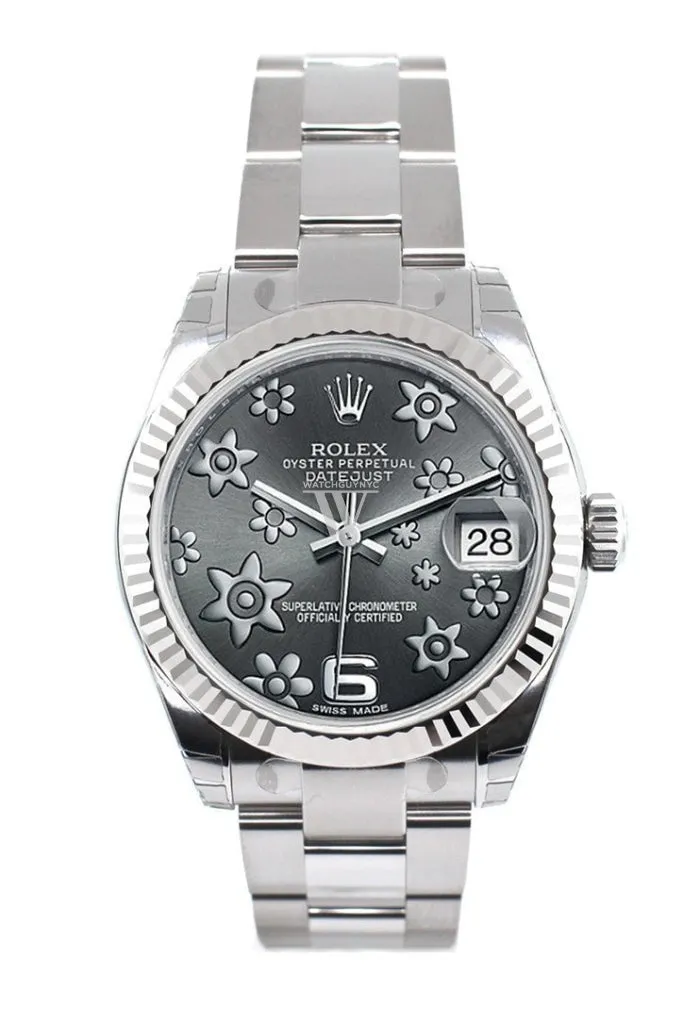 Rolex Datejust 31 Dark Rhodium Raised Floral Motif Dial White Gold Fluted Bezel Ladies Watch 178274 Pre-owned