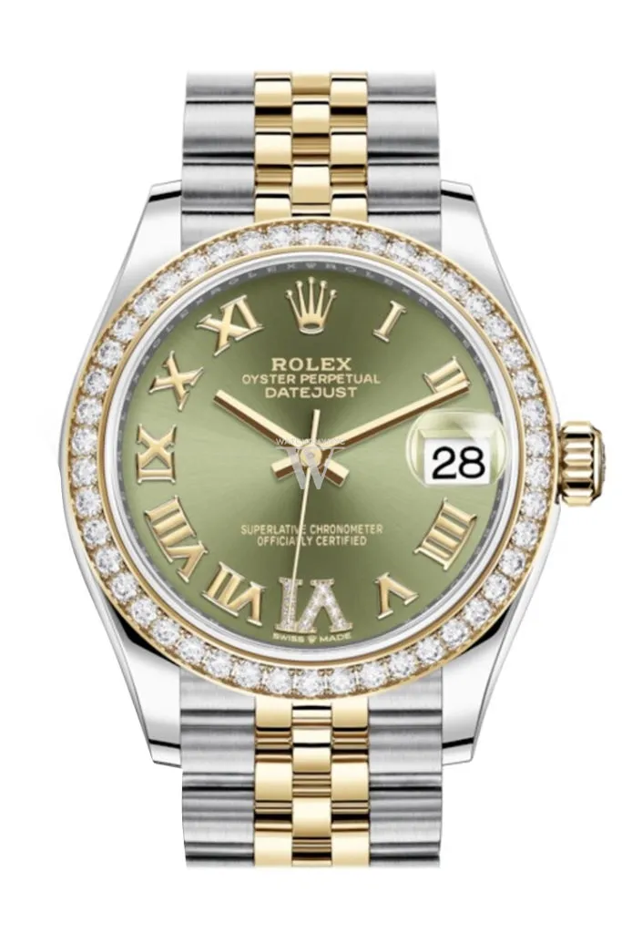 Rolex Datejust 31 Olive green VI Diamonds Dial Diamond Bezel Yellow Gold Two Tone Jubilee Watch 278383RBR 278383