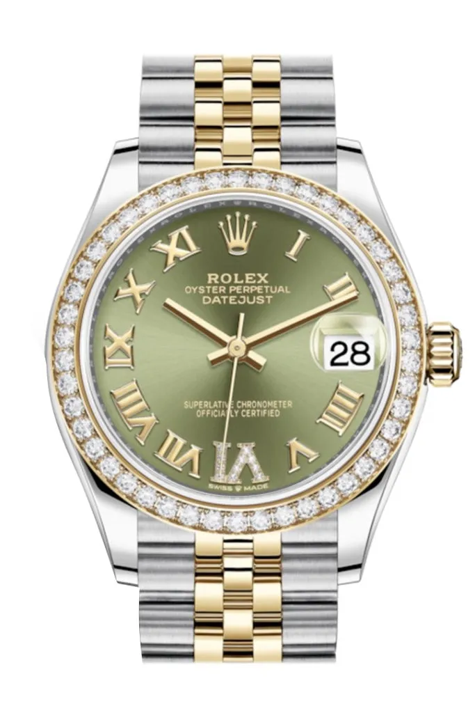 Rolex Datejust 31 Olive green VI Diamonds Dial Diamond Bezel Yellow Gold Two Tone Jubilee Watch 278383RBR 278383