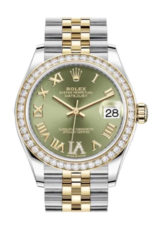 Rolex Datejust 31 Olive green VI Diamonds Dial Diamond Bezel Yellow Gold Two Tone Jubilee Watch 278383RBR 278383