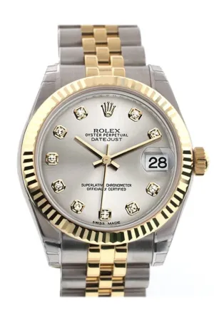 Rolex Datejust 31 Silver Diamond Dial Fluted Bezel 18K Gold Two Tone Jubilee Ladies 178273 Pre-owned