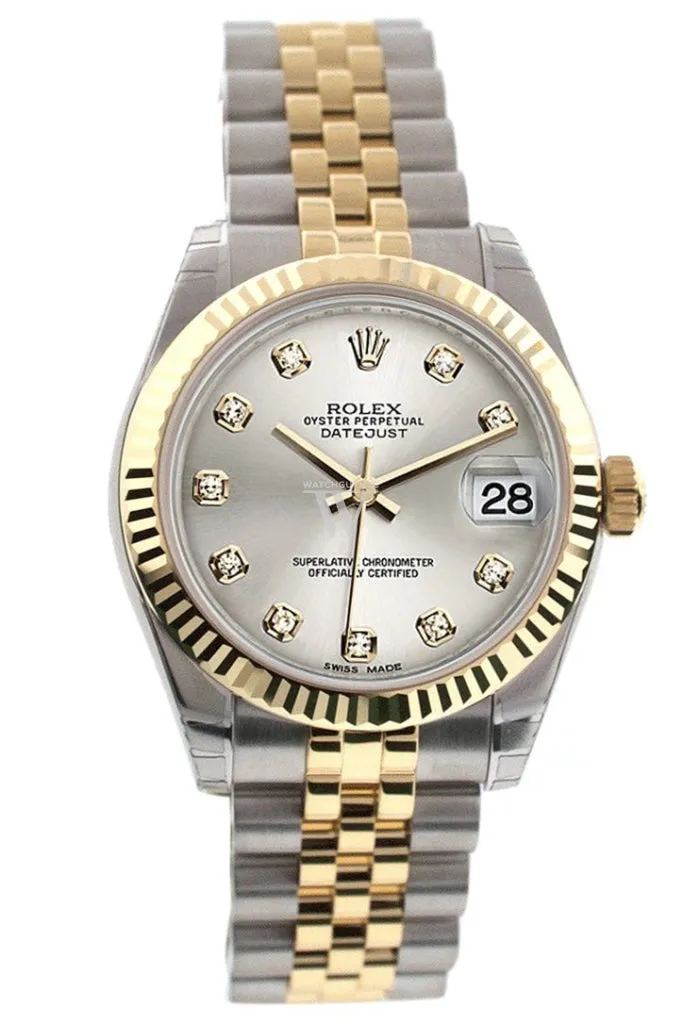 Rolex Datejust 31 Silver Diamond Dial Fluted Bezel 18K Gold Two Tone Jubilee Ladies 178273 Pre-owned