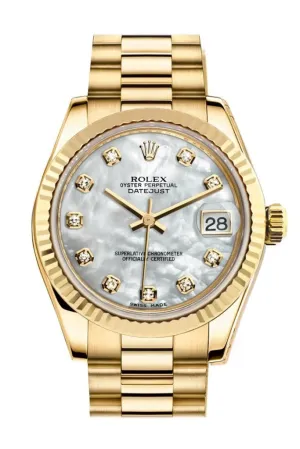 Rolex Datejust 31 White Mother of Pearl Dia Dial Fluted Bezel 18K Yellow Gold President Ladies Watch 178278 Pre-owned