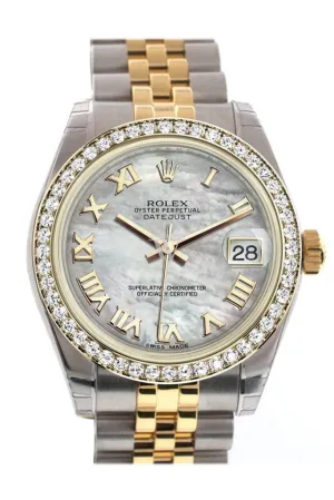 Rolex Datejust 31 White mother-of-pearl Roman Dial Diamond Bezel Jubilee Yellow Gold Two Tone Watch 178383 Pre-owned