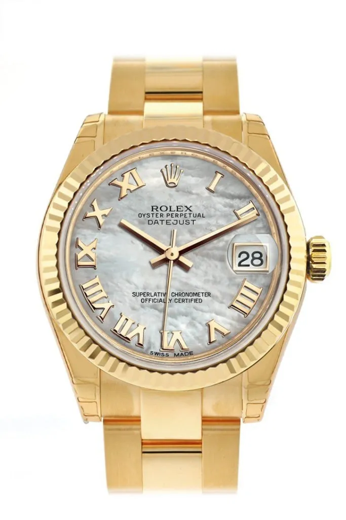 Rolex Datejust 31 White Mother of Pearl Roman Dial Fluted Bezel 18K Yellow Gold Ladies Watch 178278 Pre-owned