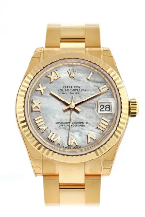 Rolex Datejust 31 White Mother of Pearl Roman Dial Fluted Bezel 18K Yellow Gold Ladies Watch 178278 Pre-owned