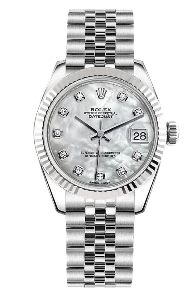 Rolex Datejust 31 White Mother of Pearl Roman Dial White Gold Fluted Bezel Jubilee Ladies Watch 178274 Pre-owned