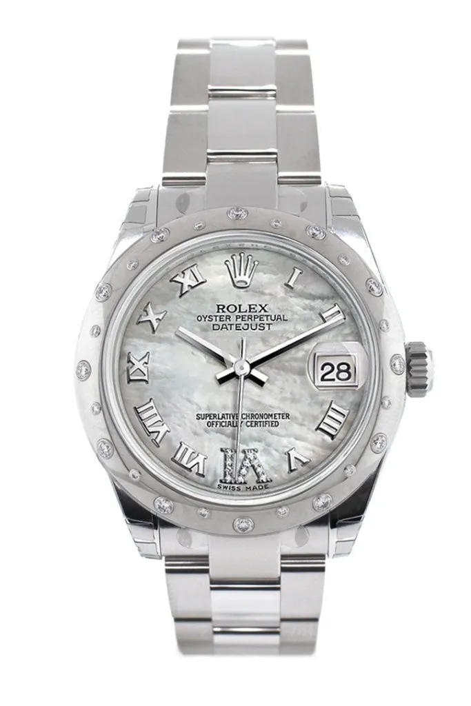 Rolex Datejust 31 White Mother of Pearl Roman Large VI Diamond Dial Diamonds Bezel Ladies Watch 178344