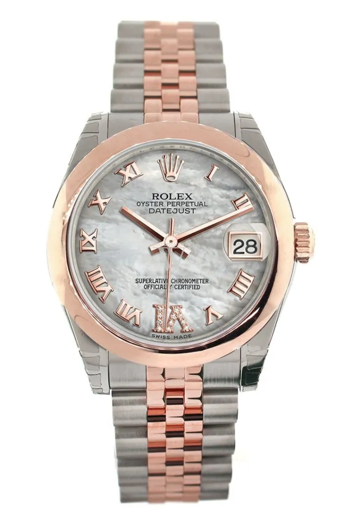 Rolex Datejust 31 White Mother of Pearl Roman Large VI set with Diamond Dial 18K Rose Gold Two Tone Jubilee Ladies Watch 178241