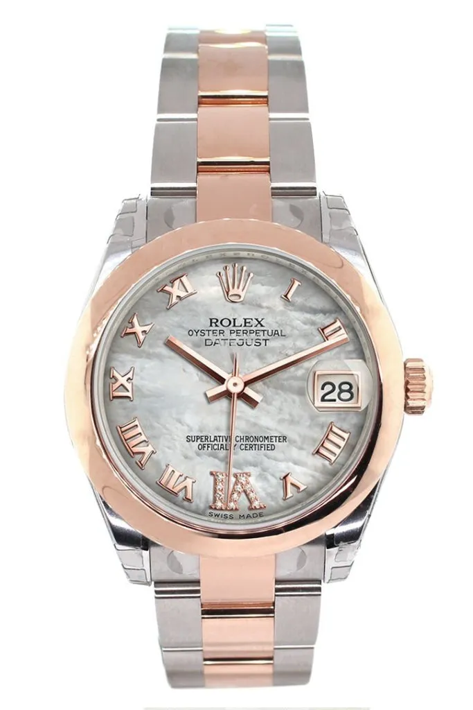 Rolex Datejust 31 White Mother of Pearl Roman Large VI set with Diamond Dial 18K Rose Gold Two Tone Ladies Watch178241