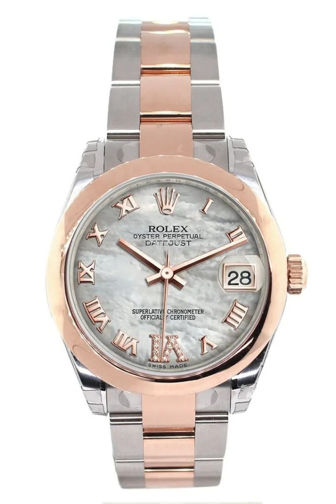 Rolex Datejust 31 White Mother of Pearl Roman Large VI set with Diamond Dial 18K Rose Gold Two Tone Ladies Watch178241