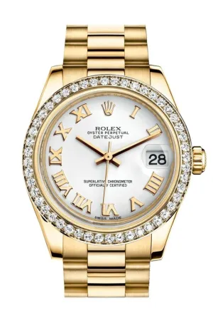 Rolex Datejust 31 White Roman Dial Diamond Bezel 18K Yellow Gold President Ladies Watch 178288 Pre-owned