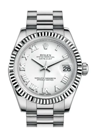 Rolex Datejust 31 White Roman Dial Fluted Bezel 18K White Gold President Ladies Watch 178279 Pre-owned