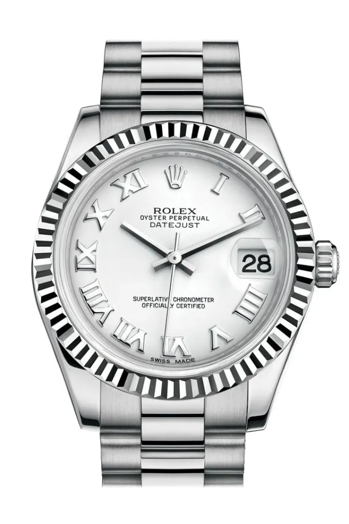 Rolex Datejust 31 White Roman Dial Fluted Bezel 18K White Gold President Ladies Watch 178279 Pre-owned