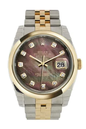 Rolex Datejust 36 Black mother-of-pearl Diamond Dial 18k Gold Two Tone Jubilee Watch 116203 Pre-owned