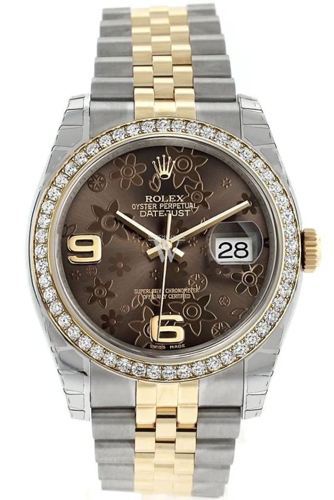 Rolex Datejust 36 Bronze Floral Motif Dial 18k White Gold Diamond Bezel Jubilee Ladies Watch 116243 Pre-owned