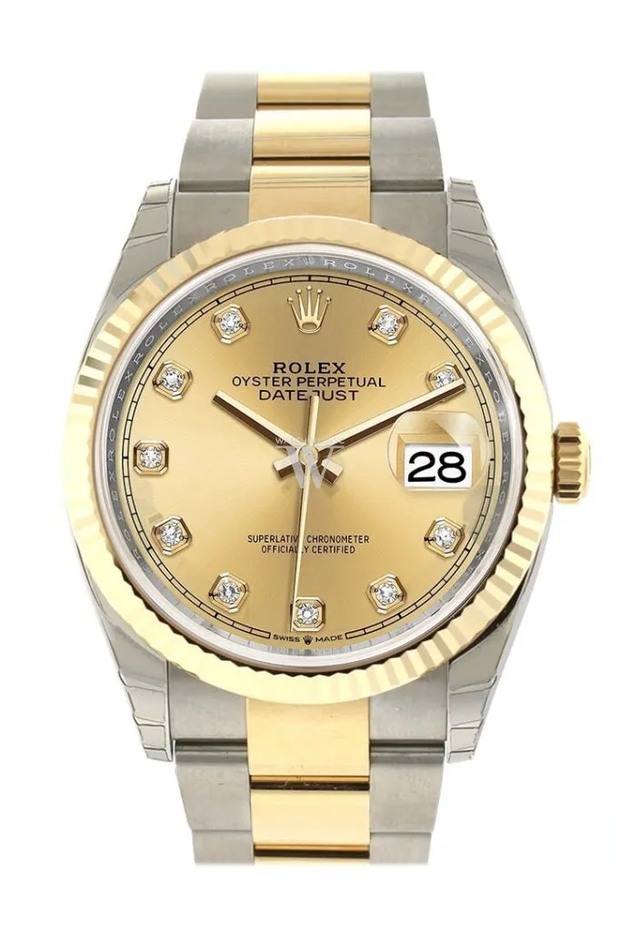 Rolex Datejust 36 Champagne-colour set with diamonds Dial Fluted Bezel Oyster Yellow Gold Two Tone Watch 126233 NP