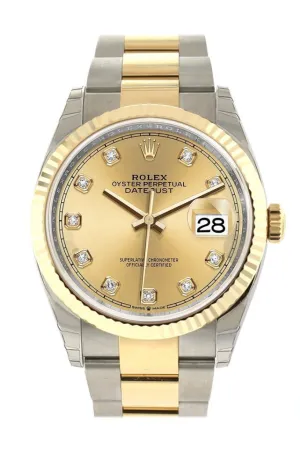 Rolex Datejust 36 Champagne-colour set with diamonds Dial Fluted Bezel Oyster Yellow Gold Two Tone Watch 126233 NP