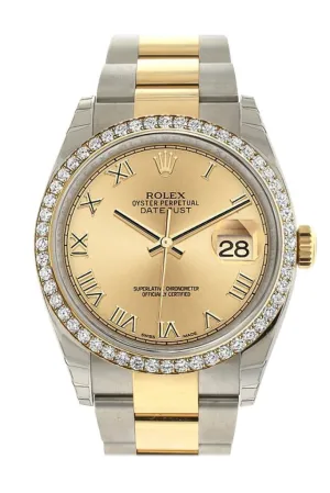 Rolex Datejust 36 Champagne Roman Dial 18k White Gold Diamond Bezel Ladies Watch 116243 Pre-owned