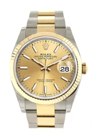 Rolex Datejust 36 Champagne Stick-colour Dial Fluted Bezel Oyster Yellow Gold Two Tone Watch 126233 NP