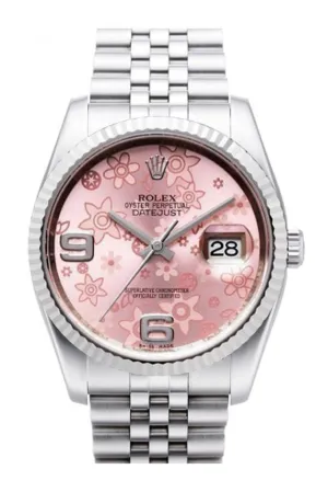 Rolex Datejust 36 Pink Floral Dial 18k White Gold Fluted Bezel Stainless Steel Jubilee Watch 116234 Pre-owned