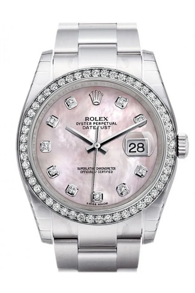 Rolex Datejust 36 Pink Mother-of-pearl Diamonds Dial 18k White Gold Diamond Bezel Men's Watch 116244 Pre-owned