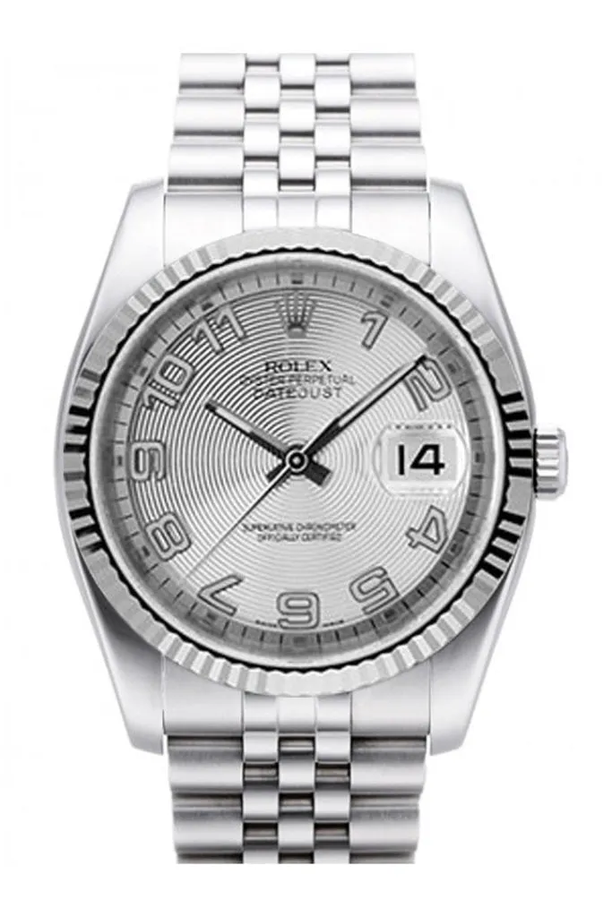 Rolex Datejust 36 Silver Concentric Dial 18k White Gold Fluted Bezel Stainless Steel Jubilee Watch 116234 Pre-owned