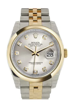 Rolex Datejust 36 Silver Diamond Dial 18k Gold Two Tone Jubilee Watch 116203 Pre-owned