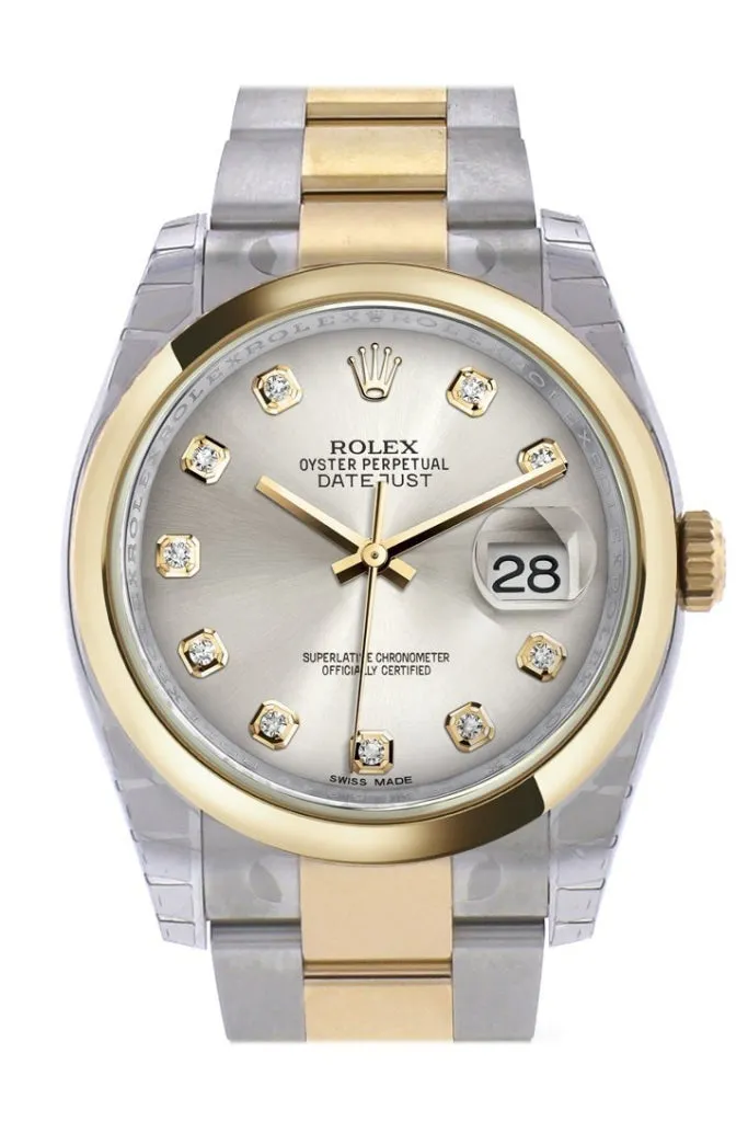 Rolex Datejust 36 Silver Diamond Dial 18k Gold Two Tone Oyster Watch 116203 Pre-owned