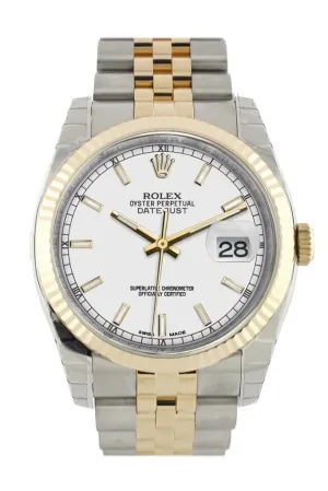 Rolex Datejust 36 White Dial Fluted 18K Gold Two Tone Jubilee Watch 116233 Pre-owned