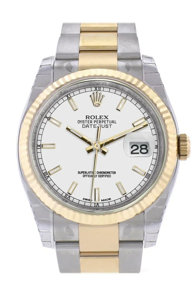 Rolex Datejust 36 White Dial Fluted 18K Gold Two Tone Oyster Watch 116233 Pre-owned