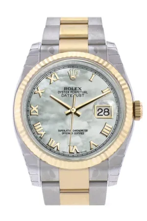 Rolex Datejust 36 White mother-of-pearl Roman Dial Fluted 18K Gold Two Tone Oyster Watch 116233 Pre-owned