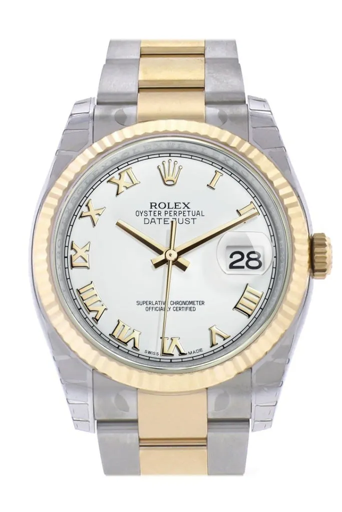 Rolex Datejust 36 White Roman Dial Fluted 18K Gold Two Tone Oyster Watch 116233 Pre-owned