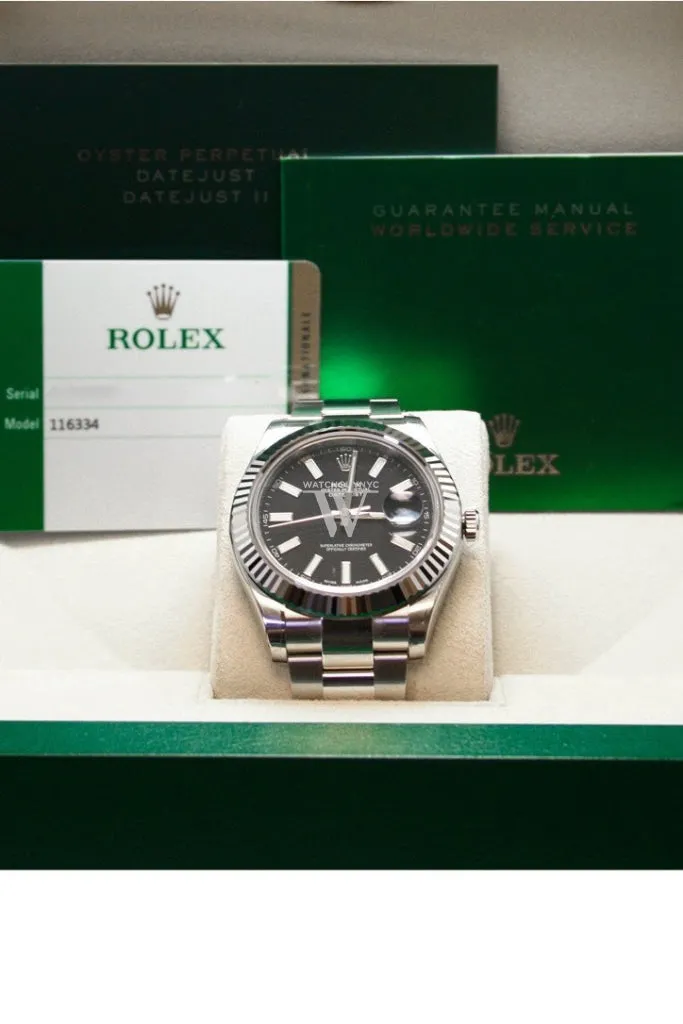 ROLEX Datejust II 41 Black Dial 18kt White Gold Fluted Bezel Men's Watch 116334 Pre-owned