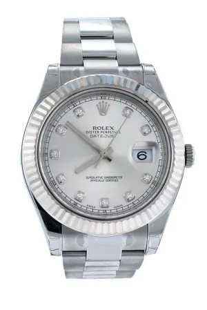 ROLEX Datejust II 41 Steel Silver Diamond Dial 18kt White Gold Fluted Bezel Men's Watch 116334 Pre-owned