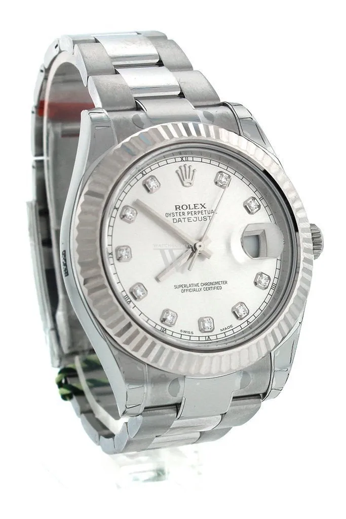 ROLEX Datejust II 41 Steel Silver Diamond Dial 18kt White Gold Fluted Bezel Men's Watch 116334 Pre-owned