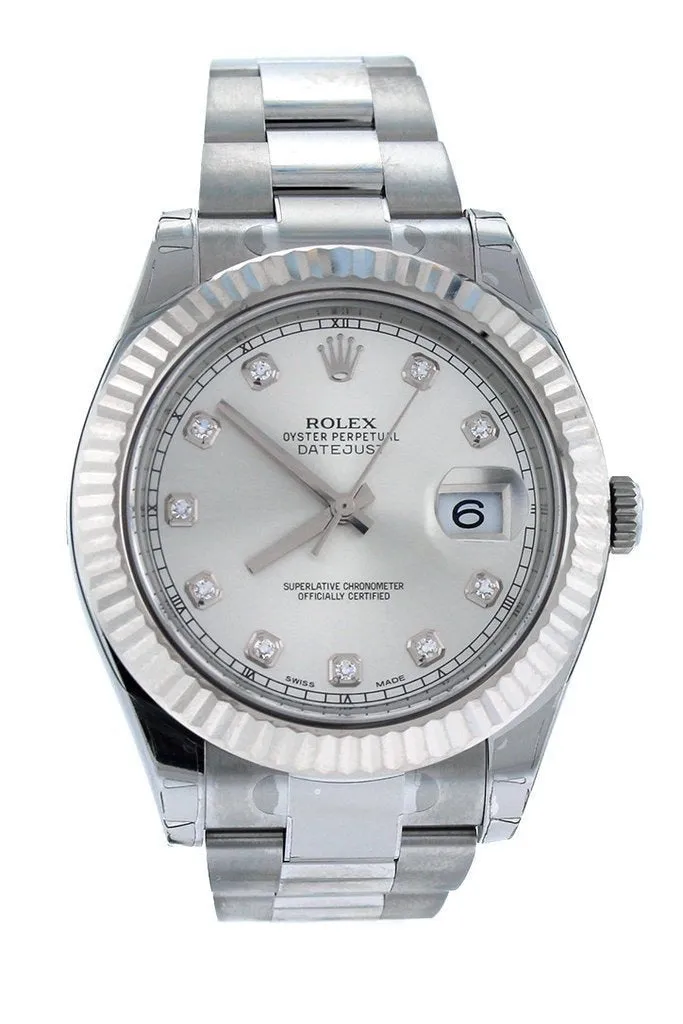 ROLEX Datejust II 41 Steel Silver Diamond Dial 18kt White Gold Fluted Bezel Men's Watch 116334 Pre-owned