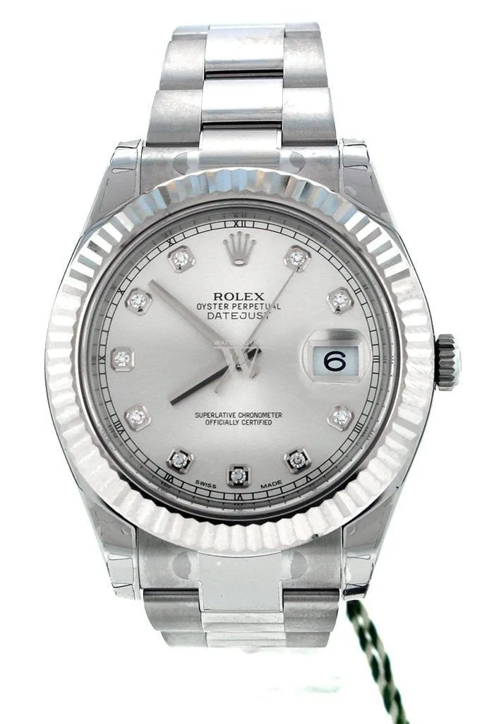 ROLEX Datejust II 41 Steel Silver Diamond Dial 18kt White Gold Fluted Bezel Men's Watch 116334 Pre-owned