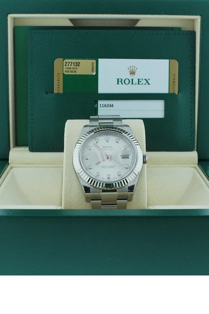 ROLEX Datejust II 41 Steel Silver Diamond Dial 18kt White Gold Fluted Bezel Men's Watch 116334 Pre-owned