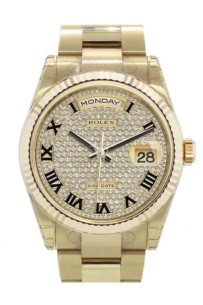 Rolex Day-Date 36 Diamond-paved Dial Fluted Bezel Yellow Gold Watch 118238