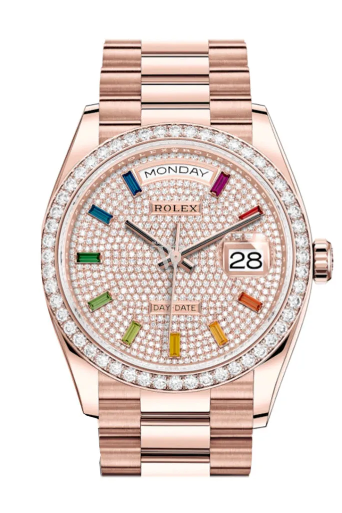 Rolex Day-Date 36 Everose Diamond Bezel  Diamond Paved Rainbow Sapphire Dial President Bracelet Watch 128345RBR