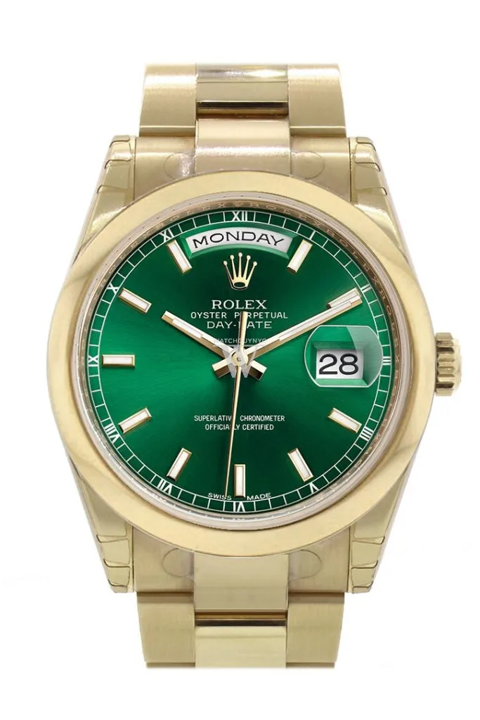 Rolex Day-Date 36 Green Dial Yellow Gold Watch 118208