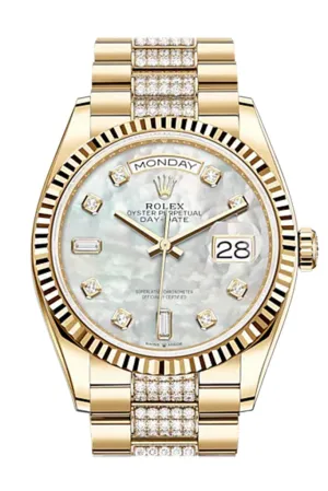 ROLEX Day-Date 36 White Mother-of-Pearl Diamond Dial 18K Yellow Gold Watch Diamond set president Bracelet 128238