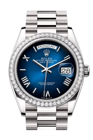 Rolex Day Date 36mm Blue Ombre Roman Dial Diamond Bezel White Gold President Bracelet 128349RBR