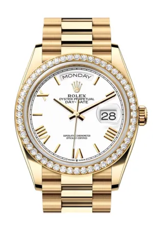 Rolex Day Date 36mm White Roman Dial Diamond Bezel Yellow Gold President Diamond Bracelet 128348RBR