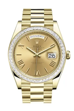 Rolex Day-Date 40 Champagne Roman Dial 40 Baguette Diamond Bezel 18K Yellow Gold President Automatic Men's Watch 228398TBR  228398