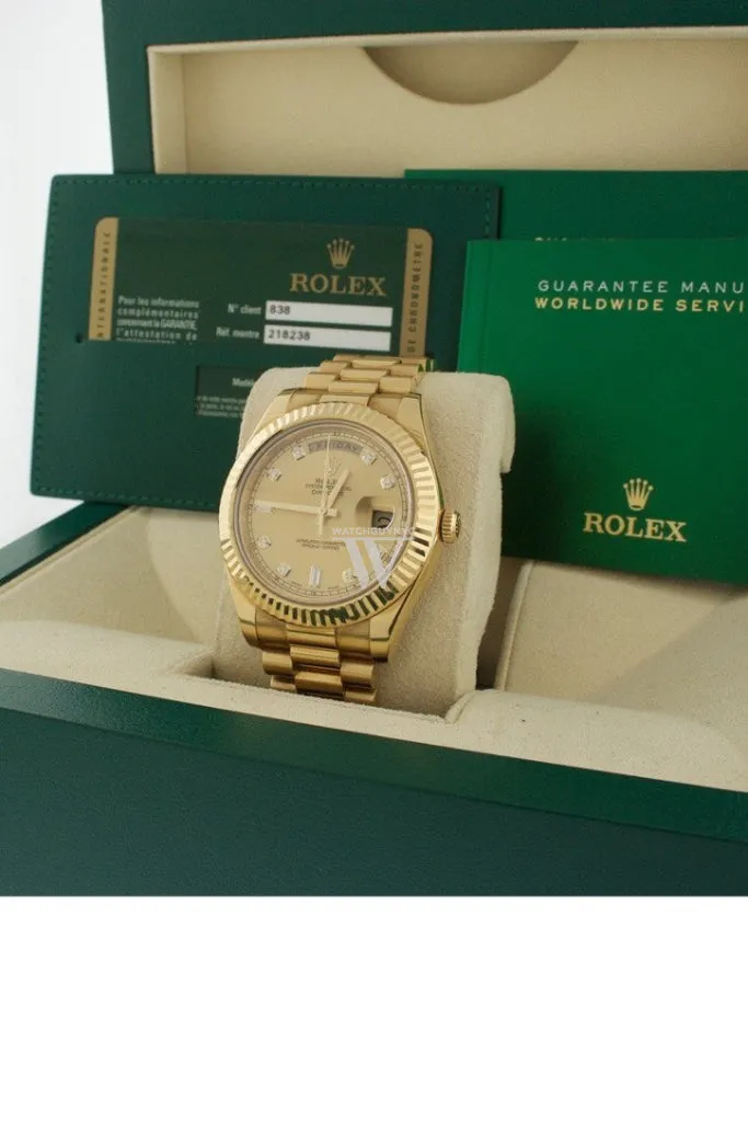 Rolex DAY-DATE II 41 Champagne Diamond Dial 18K Yellow Gold Men's Watch 218238