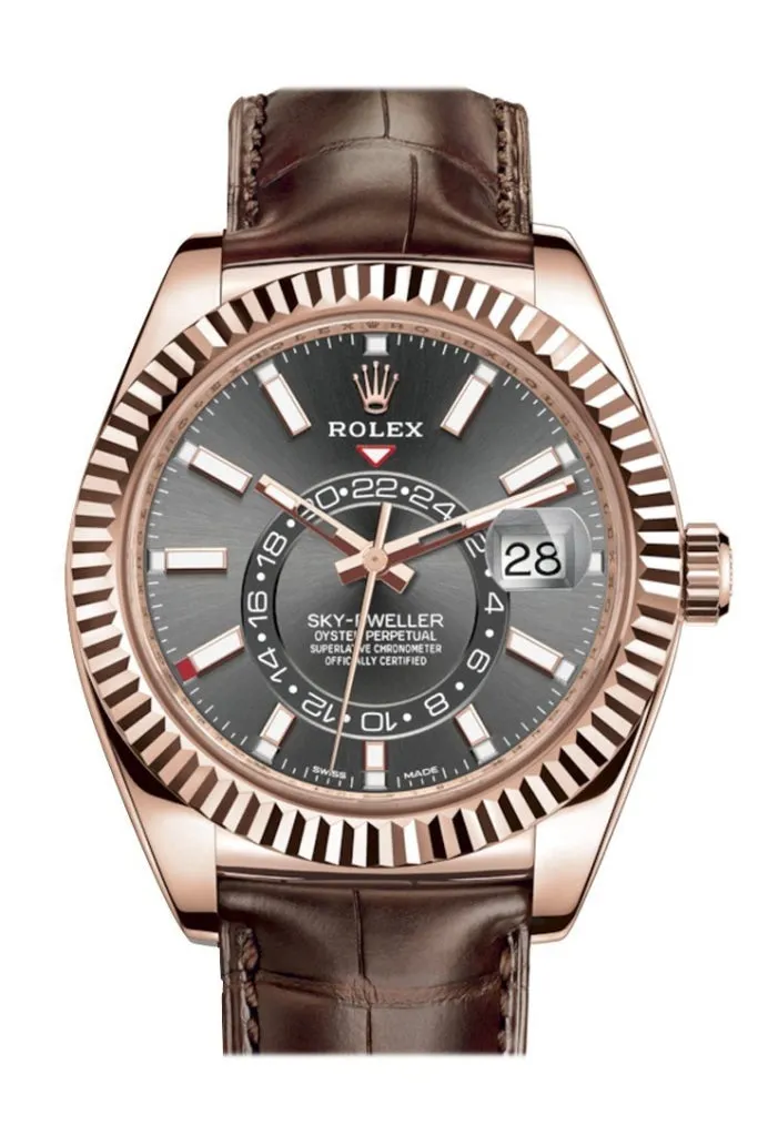 Rolex Sky Dweller Dark Rhodium Dial 18k Rose Gold Brown Leather Strap Men's Watch 326135